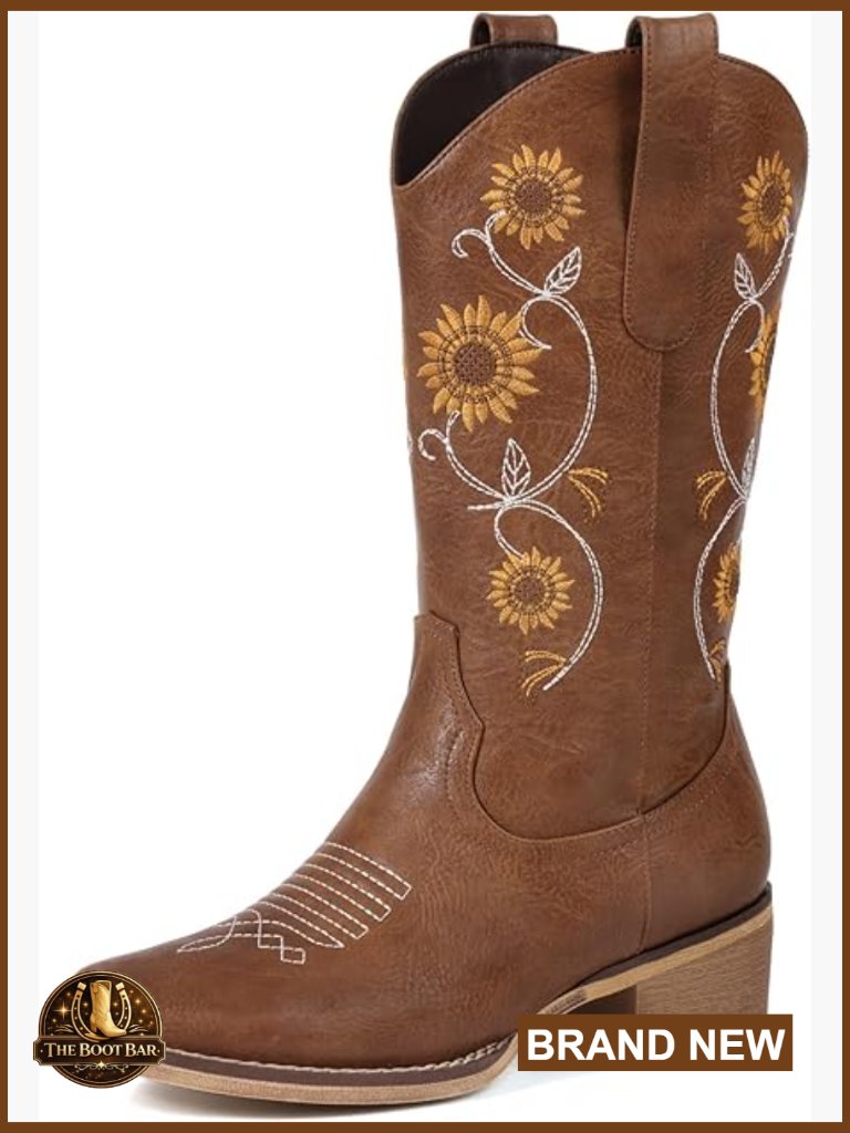 Mid Calf Cowgirl Boots With Floral Embroidery Square Toe Pull On Western Style